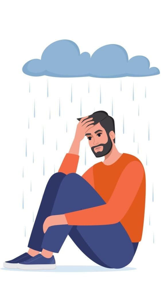 Depression eines jungen Mannes, der unter einer metaphorischer Regenwolke sitzt. Einsam trauriger Mann umarmt seine Knie.