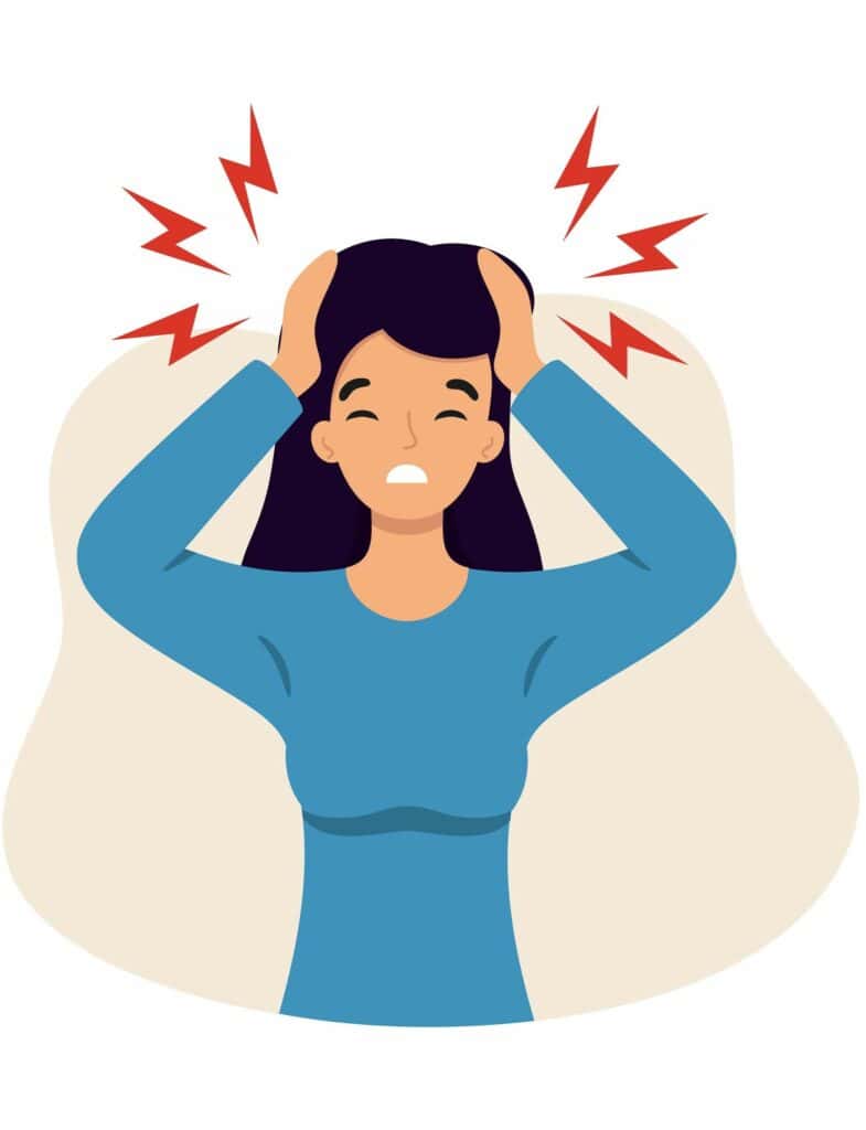Psychosomatische Beschwerden. Frau leidet an Kopfschmerzen und Migräne.