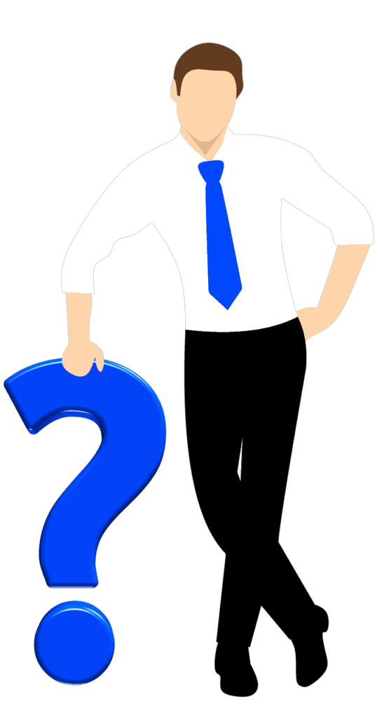 Ein Mann (Männer), stützt sich stehend mit einer Hand auf einem Fragezeichen.